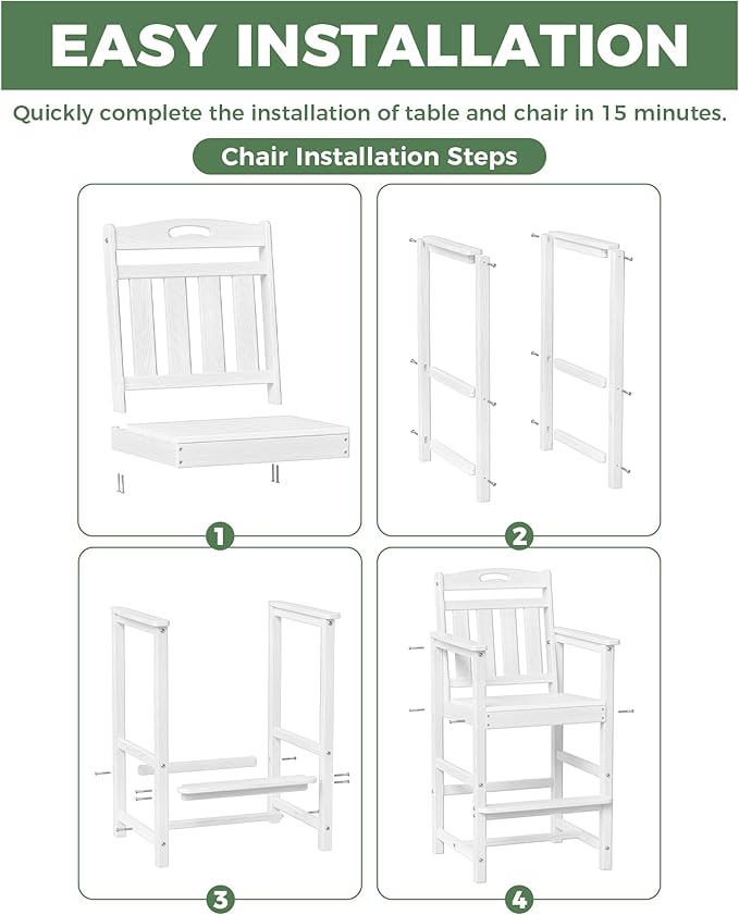HDPE Outdoor Patio Tall Bar Chair, All-Weather Bar Height Balcony Adirondack Stools for Bistro, Garden, Backyard, Deck | White