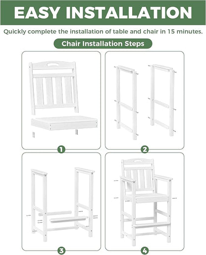 HDPE Outdoor Patio Tall Bar Chair, All-Weather Bar Height Balcony Adirondack Stools for Bistro, Garden, Backyard, Deck | White