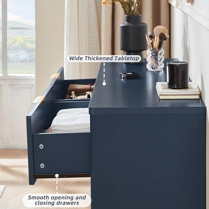 LEYAOYAO Fluted 6 Drawers Dresser Set of 2, 48" Wide Modern Chest of Drawers with Woodgrain Top, Curved Profile Design, Dresser TV Stand, Wood Drawer Organizer for Bedroom, Living Room, Hallway,Blue