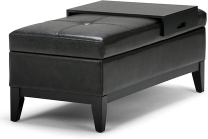 SIMPLIHOME Oregon 42 inch Wide Contemporary Rectangle Storage Ottoman Bench with Tray in Midnight Black Vegan Faux Leather, Assembled, For the Living Room, Entryway and Family Room