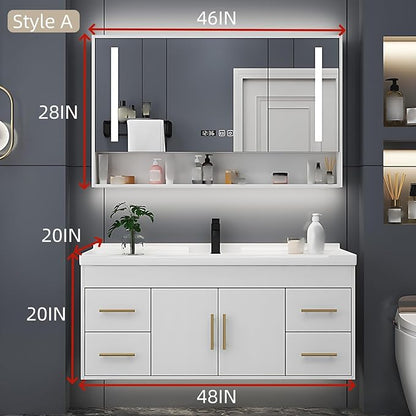 48IN Modern Bathroom Vanity - LED Intelligent Mirror Cabinet Includes Time Display & Defogging | Bathroom Cabinet with Sink & Open Storage Compartments, Ceramic Washbasin, 4 Drawers (Style A)