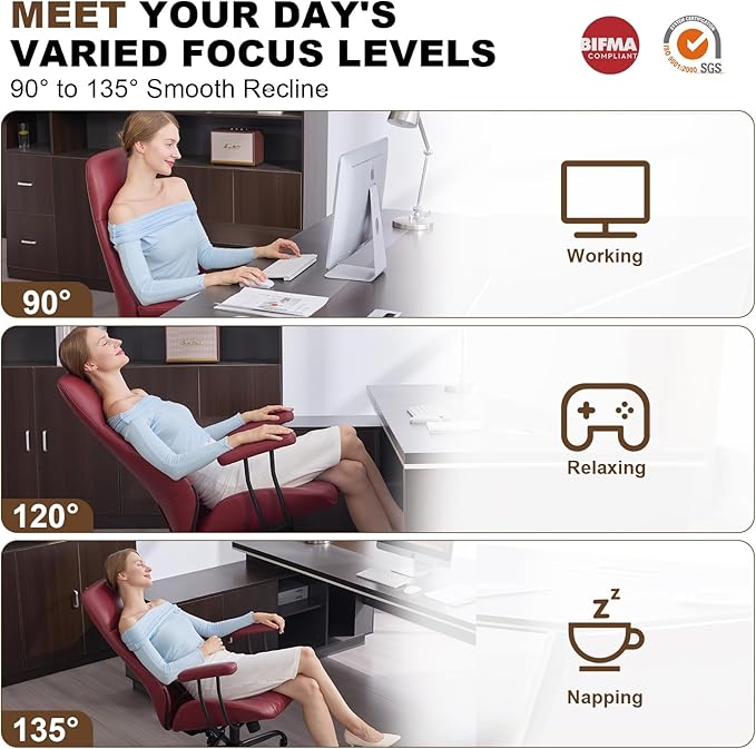 Home Office Desk Chair, Ergonomic High Back Leather Computer Chair with Lumbar Support, Adjustable Height & Recline, Swivel Executive Office Chair with Armrests and Rubber Casters, Red