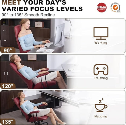 Home Office Desk Chair, Ergonomic High Back Leather Computer Chair with Lumbar Support, Adjustable Height & Recline, Swivel Executive Office Chair with Armrests and Rubber Casters, Red