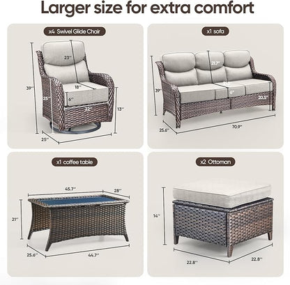 Swivel Patio Chairs Sofa Set of 8 with 6" Thick Cushion - Wicker Outdoor Swivel Rocker Patio Chair,Sofa/Glass Coffee Table, High Back Comfortable Outdoor Glider Chairs - Brown Wicker | Beige Cushions