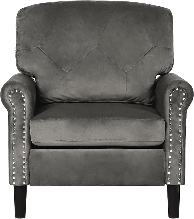 Accent Chair for Living Room, Mid-Century Modern Upholstered Armchair, Comfy Velvet Chair w/Wood Legs & Nailhead Trim, Wingback Chair for Bedroom, Grey