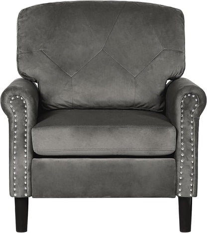 Accent Chair for Living Room, Mid-Century Modern Upholstered Armchair, Comfy Velvet Chair w/Wood Legs & Nailhead Trim, Wingback Chair for Bedroom, Grey