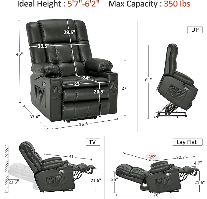 MCombo Dual Motor Large Power Lift Recliner Chair for Elderly, Lay Flat Lift Chair with Heat and Massage, Big Lift Recliner for Tall People, Faux Leather 7896 (Grey, Large)