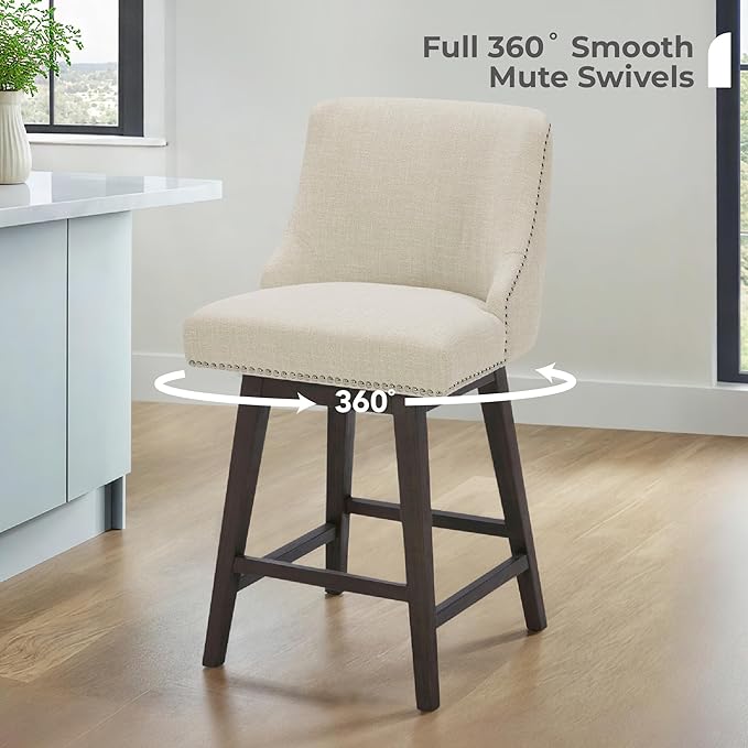 CHITA Counter Height Swivel Bar Stools Set of 4, FSC Certified Upholstered Counter Stools, Modern Swivel Barstools with Wood Legs for Kitchen Island, 26" Seat Height, Fabric in Linen