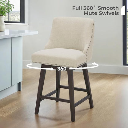 CHITA Counter Height Swivel Bar Stools Set of 4, FSC Certified Upholstered Counter Stools, Modern Swivel Barstools with Wood Legs for Kitchen Island, 26" Seat Height, Fabric in Linen