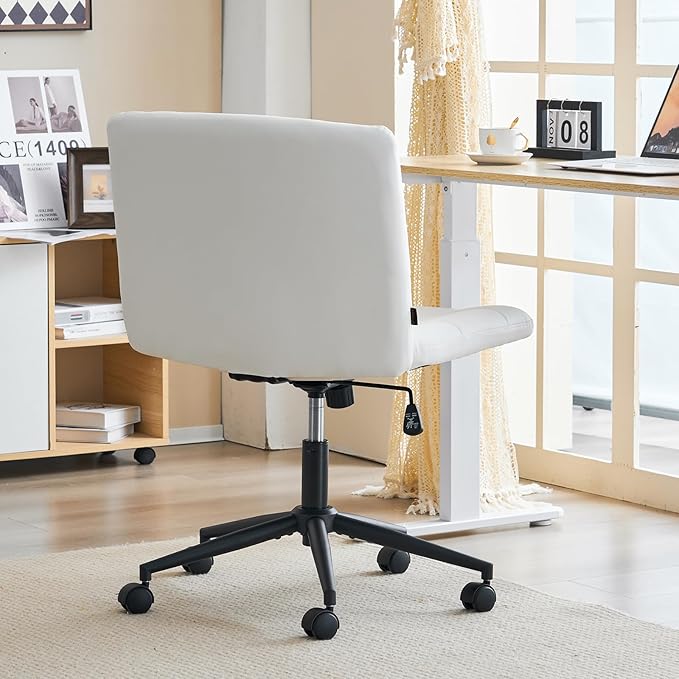Furnimart Criss Cross Desk Char Wide Seat with Wheels, 360° Swivel Cross Legged Desk Chair Thick Cushion, Comfy Armless Home Office Chair for Bedroom, Vanity, Sturdy (Faux Leather White)