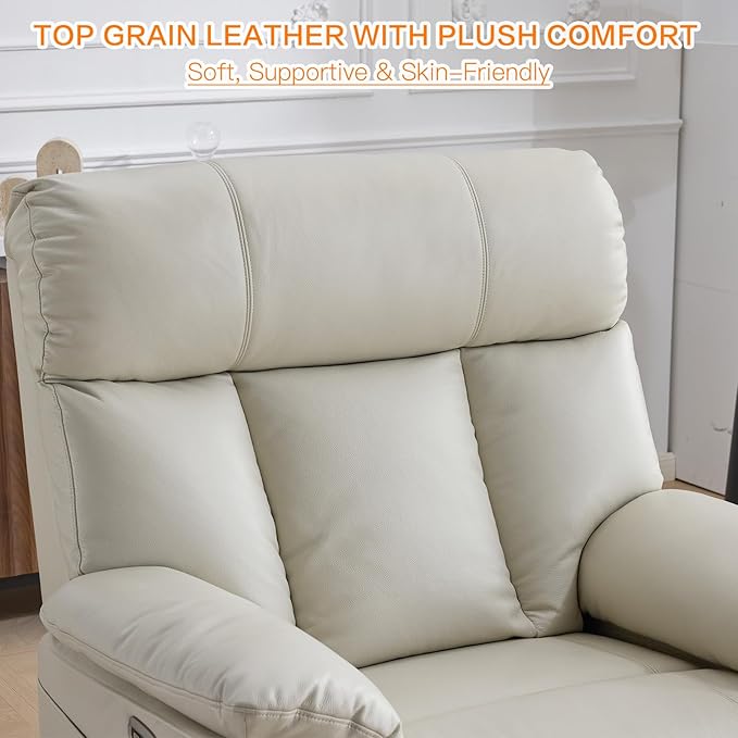 AEDI 450lbs Genuine Leather Power Recliner Chair for Big and Tall Adults Oversized Electric Reclining Sofa for Living Room,Extra Wide 27" Seat,USB Charging(Top Grain Leather,Light Gray)