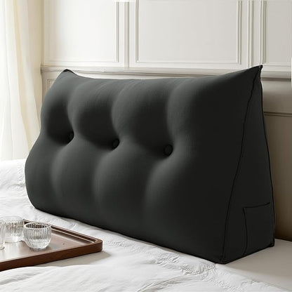 WOWMAX 85% Linen 15% Cotton Blend Headboard Pillow – Twin Size Reading Wedge Backrest for Bed, Handmade Firm Support Bolster Cushion with Removable Cover, Premium Bed Rest Pillow, Black