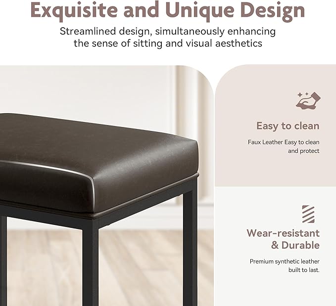 ALPHA HOME 24 Inch Counter Height Bar Stools Set of 4, Upholstered Bar Stools for Kitchen Island, Counter Stools with Faux Leather Cushion and Sturdy Metal Frame, Modern Barstools, Grey