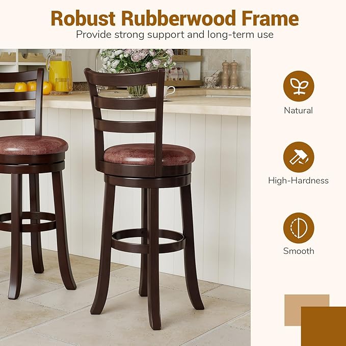 COSTWAY 30” Bar Height Stools Set of 2, Swivel l High-Top Chairs with Backrest & Faux Leather Padded Seat, Rubber Wood Barstools with Footrest for Kitchen, Dining Room, Pub (2,30'')