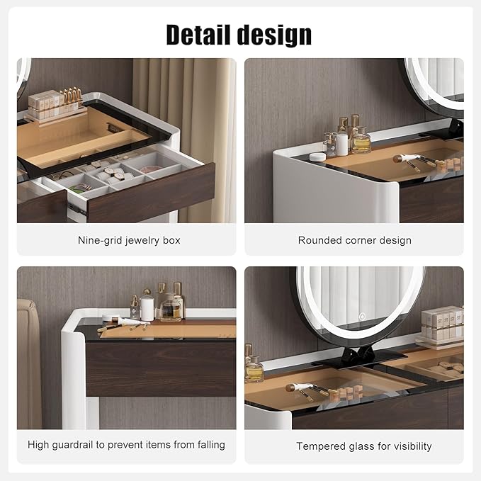 Makeup Vanity Desk with HD Lighted Mirror, 47-Inch Modern Vanity Desk with Mirror and Lights, Featuring 2 Drawers, Lacquer Finish, and Tempered Glass Top for Bedroom (2)