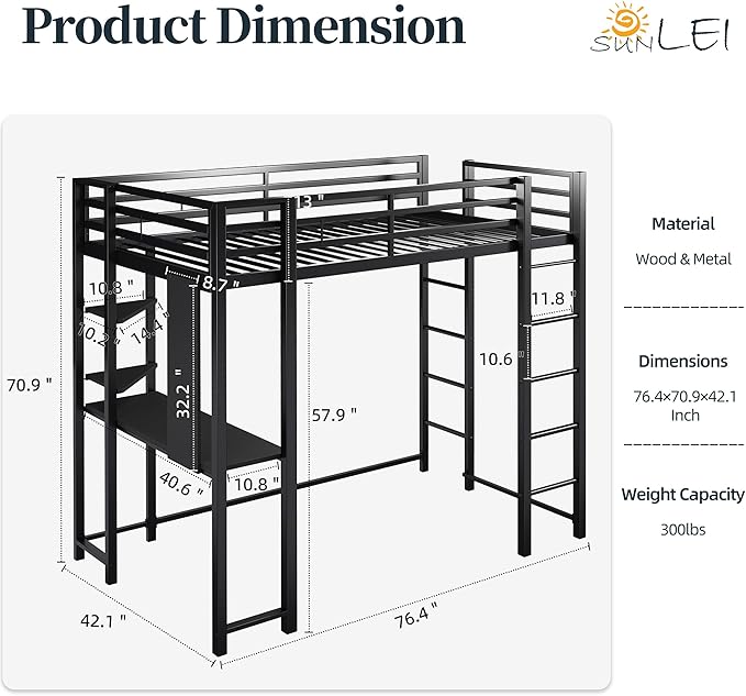 SUNLEI Metal Twin Loft Bed with Desk, Twin Size Loft Bed with 2 Built-in Ladders & Safety Guard, for Small Bedroom Noise Free, Charcoal Black