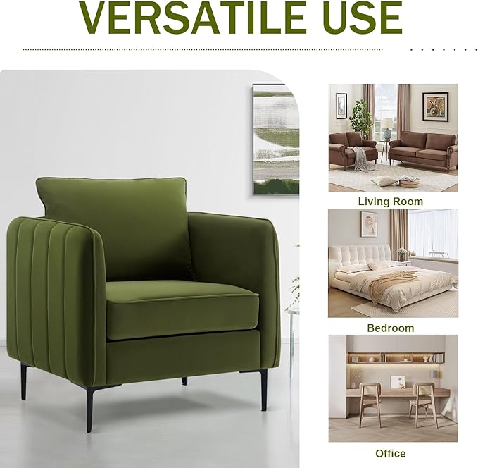 Velvet Accent Chairs Set of 2, Comfy Upholstered Single Sofa Chair Mid-Century Modern Armchair with Thick Cushion and Wood Frame Side Chair for Living Room Bedroom Apartment (Green)