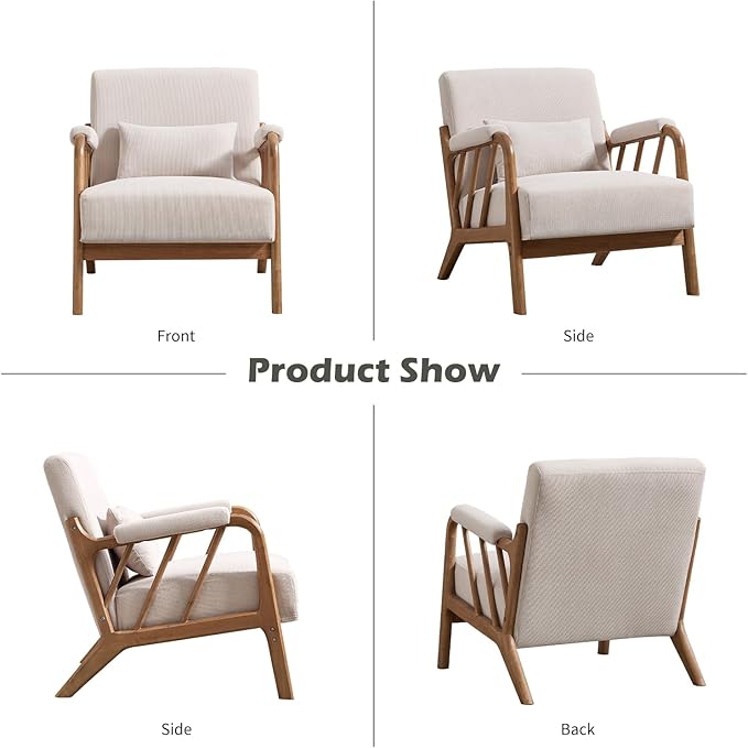 Mid Century Modern Accent Chair with Solid Wood Frame, Upholstered Living Room Chairs with Lumbar Cushion Padded Arms, Reading Armchair for Bedroom Set of 2, Beige