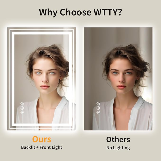 WTTY LED Bathroom Mirror 28"x36" with Backlit and Front Light,Stepless Dimmable LED Mirror for Bathroom,Anti-Fog Lighted Bathroom Vanity Mirror Modern,Memory Function,Shatter-Proof