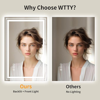 WTTY LED Bathroom Mirror 28"x36" with Backlit and Front Light,Stepless Dimmable LED Mirror for Bathroom,Anti-Fog Lighted Bathroom Vanity Mirror Modern,Memory Function,Shatter-Proof