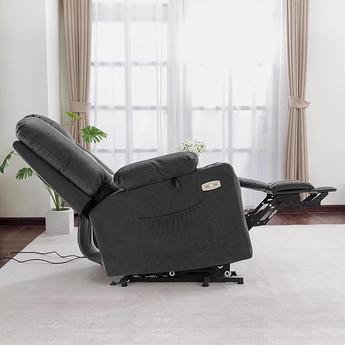 MCombo Power Lift Recliner Chair for Elderly, Lift Chair with Heat and Massage, USB Ports, Cup Holders, Faux Leather 7519 (Medium, Dark Grey)