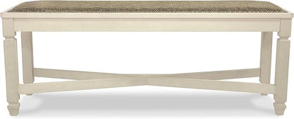 Signature Design by Ashley Bolanburg Casual French Country Upholstered Dining Room Bench with Nailhead Trim, Heavy Woven Fabric, Wood, Antique White & Tan