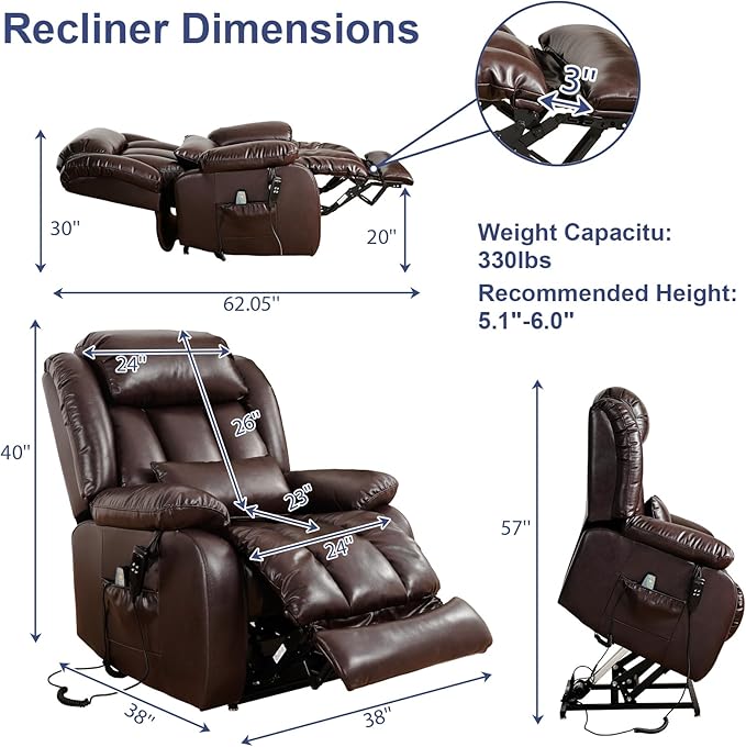 MAEVIS Large Genuine Leather Lift Recliner Chairs, Dual Motor Lift Chiars Recliner for Elderly,Extended Footrest and Lumbar Pillow for Tall Man,Heating and Massage, USB and Type-C Ports(Brown)