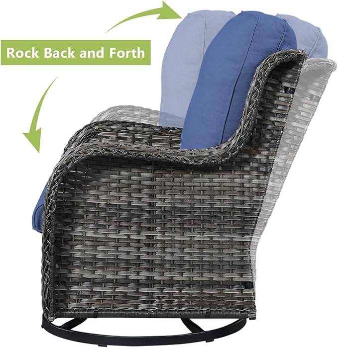 HUMMUH Outdoor Swivel Rocker Wicker Patio Chairs High Back PE Rattan Glider Chairs 4PCS Patio Furniture Set(Grey,Blue)