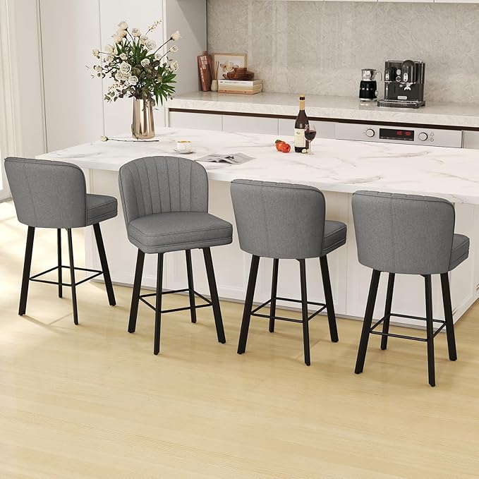 Swivel Counter Height Bar Stools Set of 6, 26'' Modern Barstools with Backs and Metal Legs, Upholstered Bar Chairs,Mid-Gray,Fabric Stools for Kitchen Island Chairs