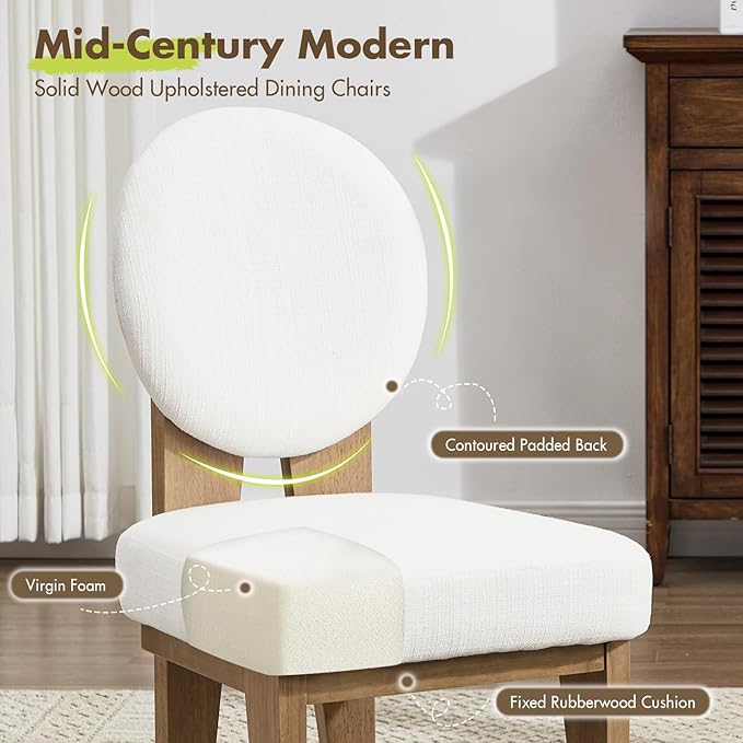 Mid-Century Modern Walnut Dining Chairs Set of 2, Vintage White Wooden Kitchen Chairs, Retro Upholstered Linen Cushioned Seat with Curved Backrest, Armless Accent Side Chair for Bedroom