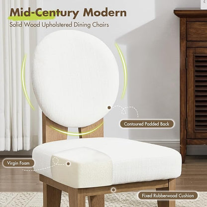 Mid-Century Modern Walnut Dining Chairs Set of 4, Vintage White Wooden Kitchen Chairs, Retro Upholstered Linen Cushioned Seat with Curved Backrest, Armless Accent Side Chair for Bedroom