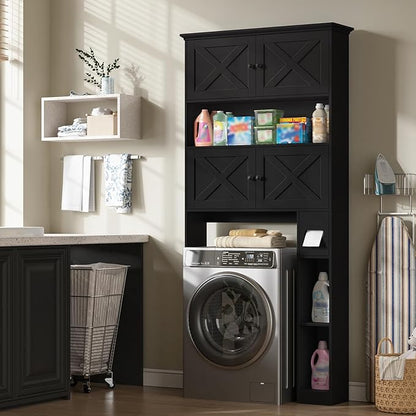 Over The Toilet Storage Cabinet, Farmhouse Storage Cabinet Over Toilet with 4 Barn Doors & Toilet Paper Holder Stand, Black Toilet Shelf Home Space Saver for Restroom, Bathroom, Laundry