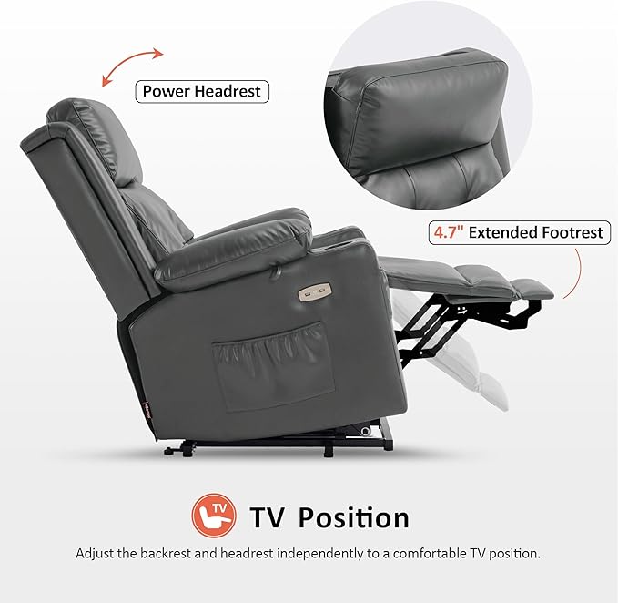MCombo Large Triple Motor Power Lift Recliner Chair with Massage and Heat for Elderly People, Adjustable Headrest, Infinite Position, USB Ports, Faux Leather 7662 (Dark Grey, Large)