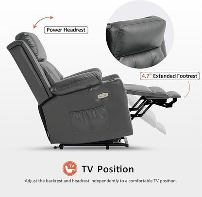 MCombo Large Triple Motor Power Lift Recliner Chair with Massage and Heat for Elderly People, Adjustable Headrest, Infinite Position, USB Ports, Faux Leather 7662 (Dark Grey, Large)