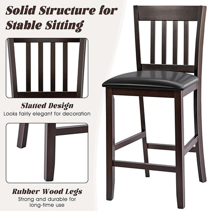 COSTWAY Counter Height Bar Stools Set of 2, 25'' Wooden Pub Chairs with PU Leather Seat, Mid Century Modern Upholstered Island Chairs for Kitchen, Living Room, Dining Room, Bar