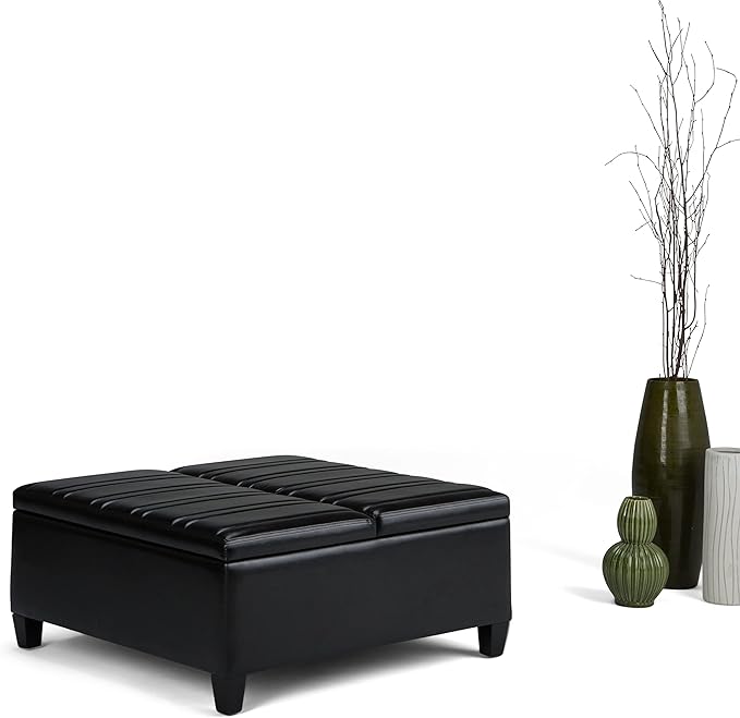 SIMPLIHOME Ellis 36 inch Wide Contemporary Square Coffee Table Storage Ottoman in Midnight Black Vegan Faux Leather, Assembled, For the Living Room and Bedroom