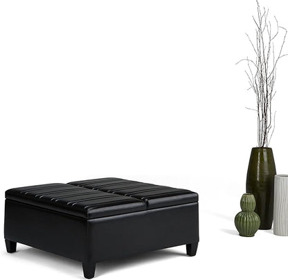 SIMPLIHOME Ellis 36 inch Wide Contemporary Square Coffee Table Storage Ottoman in Midnight Black Vegan Faux Leather, Assembled, For the Living Room and Bedroom