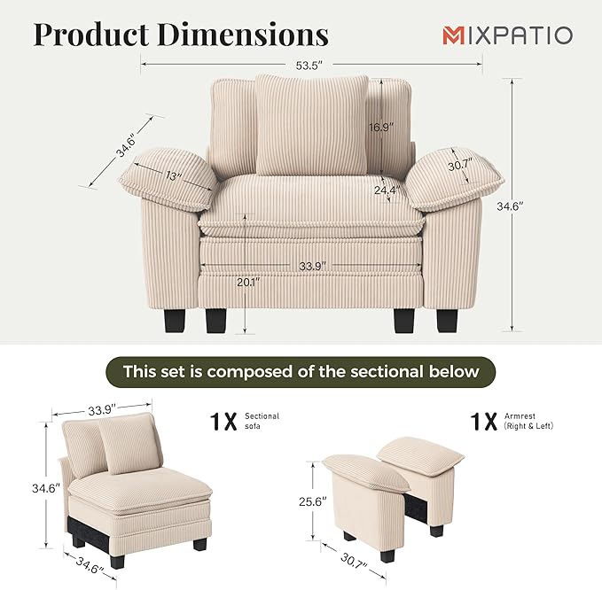 53.5" Modular Sectional Single Sofa, Soft Plush Corduroy Armchair with Comfortable Deep Seat & Removable Arms for Living Room，Beige
