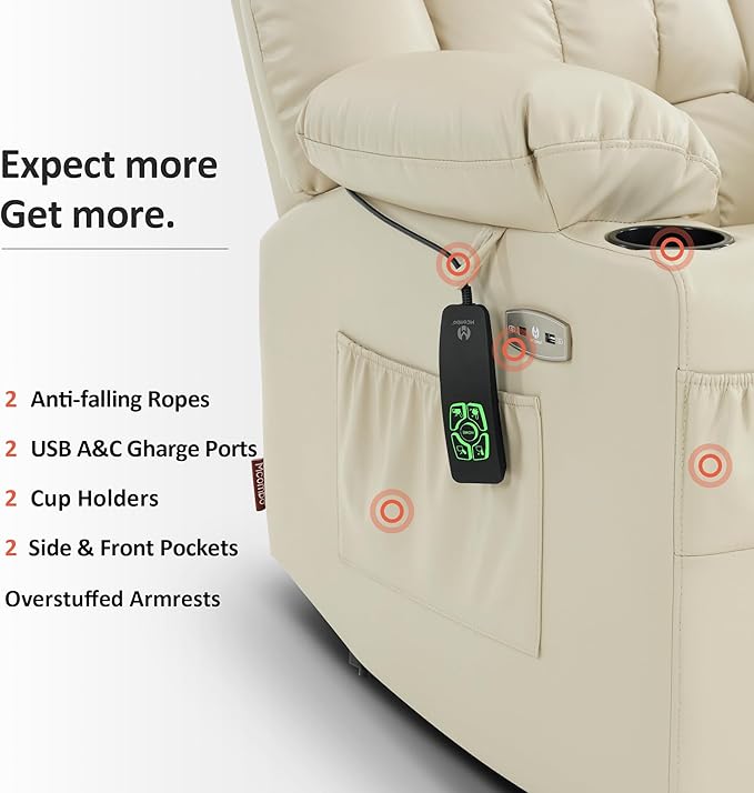 MCombo Dual Motor Small Power Lift Recliner Chair for Elderly, Lay Flat Lift Chair with Heat and Massage, Petite Lift Chair, Cup Holders, Faux Leather 7893 (Cream White, Small)
