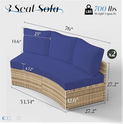 Patio Furniture Sets, 6 Piece Half-Moon Sectional Round Sofa Set, Outdoor Patio Furniture with Cushions for Beach, Pool, Balcony, Blue