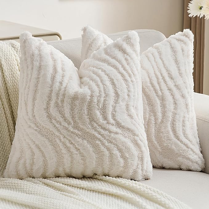 FUTEI White Decorative Throw Pillow Covers 18x18 Inch Set of 2,Soft Faux Fur Geometric Shapes Texture Cushion Case,Boho Home Decor for Couch Bed Living Room