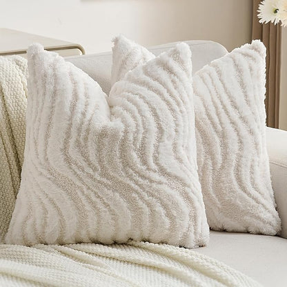 FUTEI White Decorative Throw Pillow Covers 18x18 Inch Set of 2,Soft Faux Fur Geometric Shapes Texture Cushion Case,Boho Home Decor for Couch Bed Living Room