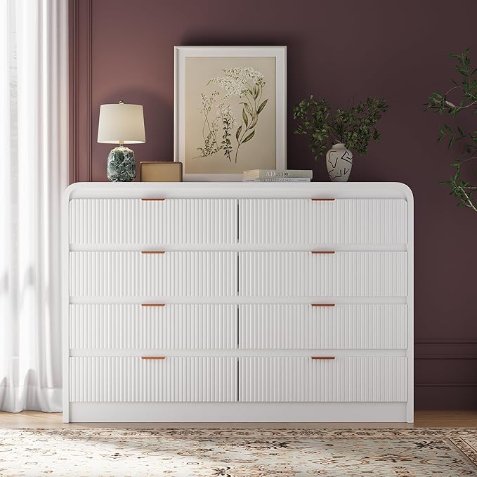FURSUN Fluted 8 Drawers Dresser for Bedroom, 55" Wide Wooden Dresser with Metal Handle, Curved Profile Design, Modern Storage Organizer for Bedroom, Hallway (White)