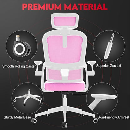 Ergonomic Office Chair - 400LB Comfy Desk Chairs with Adjustable Headrest and Lumbar Back Support, Mesh Computer Chairs with Wheels and Arms for Home Office, Study, Bedroom and Dorm (01pink)