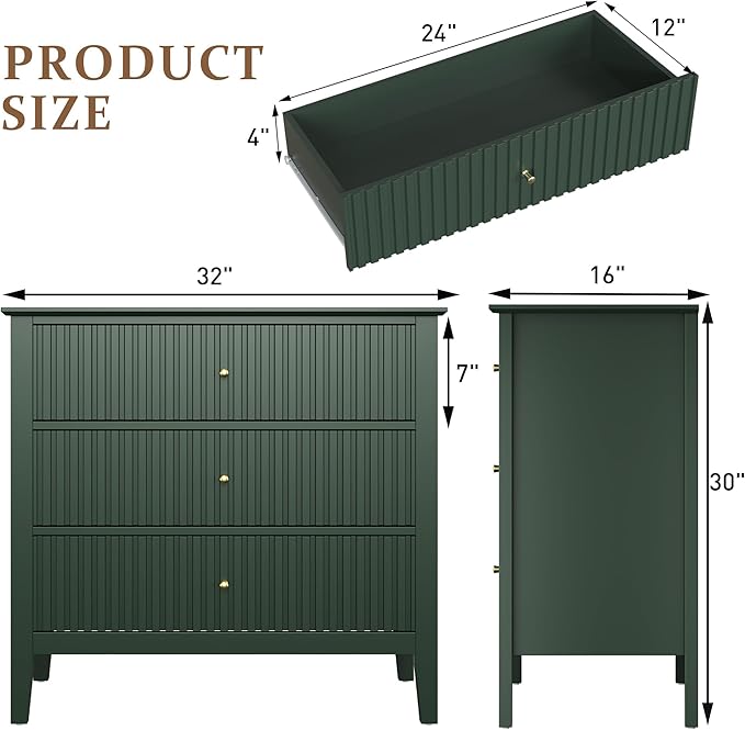 RoyalCraft Large 3 Drawer Dresser Set of 2, Fluted Chest of Drawers with Storage, Modern Painted 30 inch Tall Nightstand for Bedroom Living Room Entryway, Green