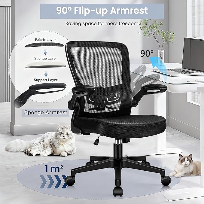 Desk Chairs with Wheels, Ergonomic Mesh Office Chair Adjustable Height and Swivel Lumbar Support Home Office Chair with Flip Up Armrests (1PK)