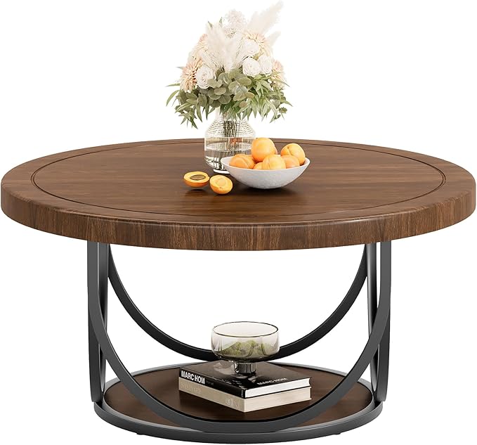 Tribesigns Round Coffee Table with 2 Tiers, 33.5" Wooden Circle Accent Cocktail Table with Storage Shelf and Metal Frame, Industrial Center Tables for Living Room, Brown & Black