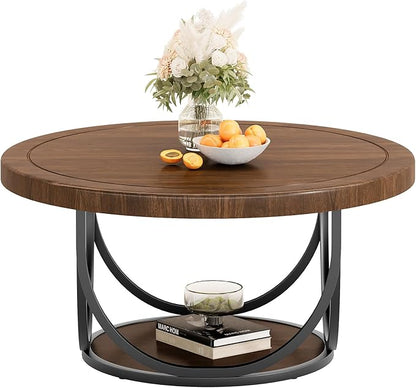 Tribesigns Round Coffee Table with 2 Tiers, 33.5" Wooden Circle Accent Cocktail Table with Storage Shelf and Metal Frame, Industrial Center Tables for Living Room, Brown & Black