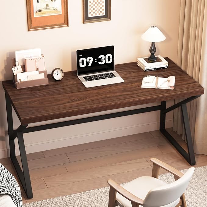 HSH Walnut Computer Desk, Industrial Modern Metal Wood Desk Workstation, Rustic Executive PC Laptop Work Desk Table for Home Office, Simple 55 Inch Writing Study Gaming Desk in Bedroom Living Room