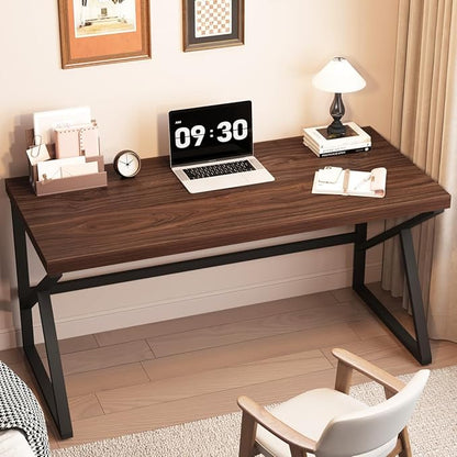 HSH Walnut Computer Desk, Industrial Modern Metal Wood Desk Workstation, Rustic Executive PC Laptop Work Desk Table for Home Office, Simple 55 Inch Writing Study Gaming Desk in Bedroom Living Room